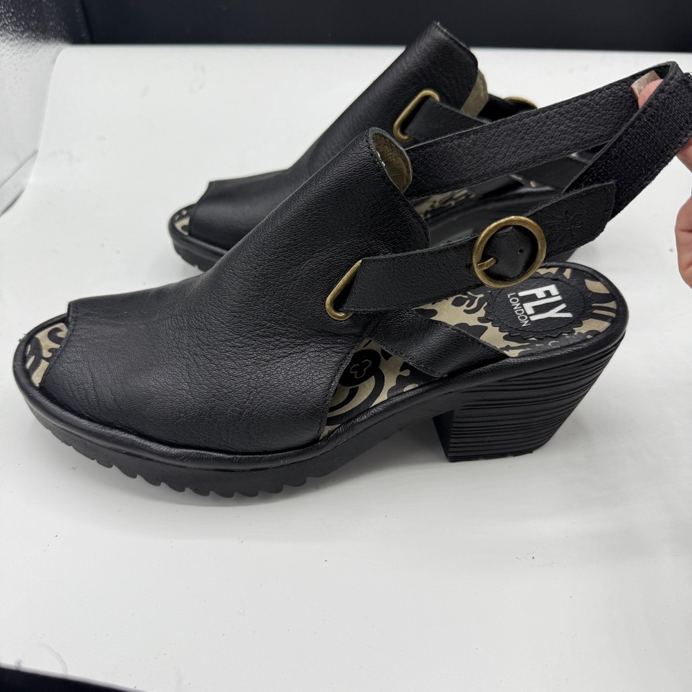 Fly London Black Leather Heeled Wena Sandals Buckle Strap - Picture 5 of 9